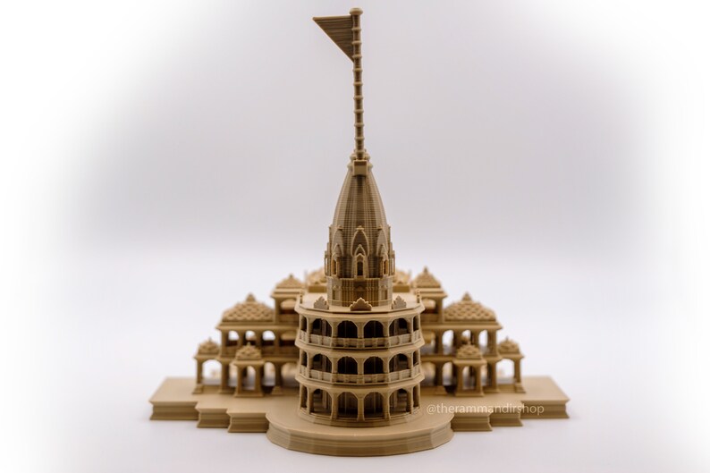 Ram Mandir WITH FLAG - Natural effect model. Authentic Replica Design, great as a Gift, Home Decor or for the Home Temple